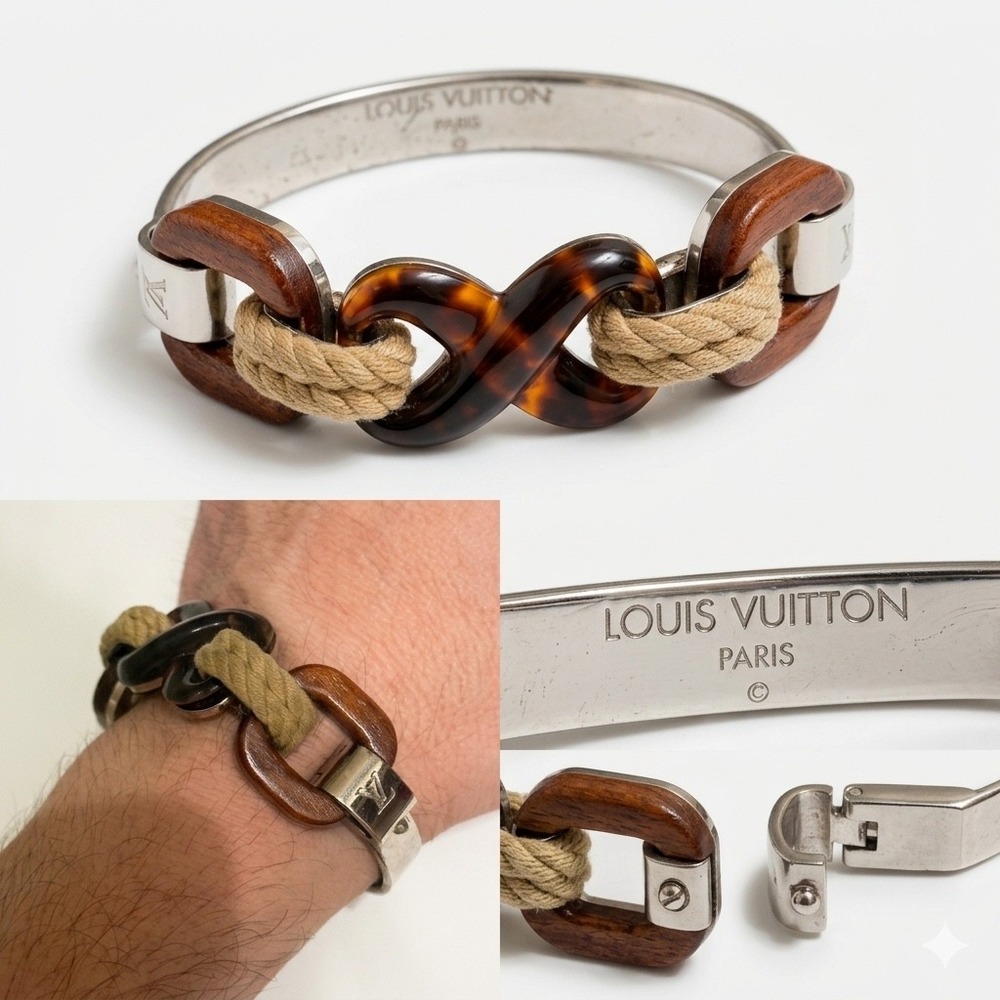 Rare Vintage Louis Vuitton Wood Tortoise Resin & Nautical‎ Rope Cuff Bracelet - Picture 10 of 11